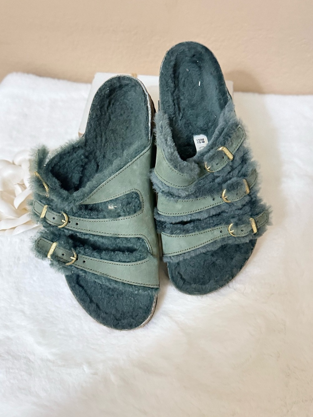 Birkenstock Women's Olive Green Shearling Triple Strap Slide
